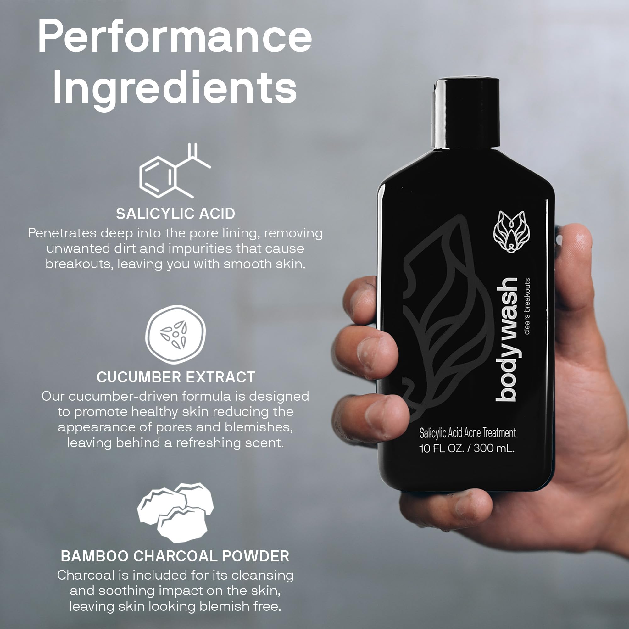 Black Wolf Salicylic Acid Body Wash for Men - 10 Fl Oz Men's Acne Body Wash - Charcoal Helps Reduce Acne Breakouts & Cleanse Your Skin - Full Coverage & Deep Clean Treatment - Men's Bodywash